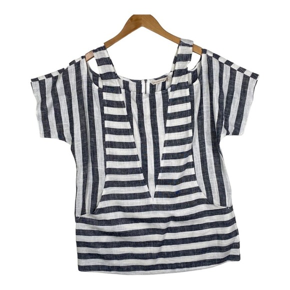 Soft Surroundings Gray Tunic Cold Shoulder Linen Blend Striped Top Size Medium - Picture 1 of 7